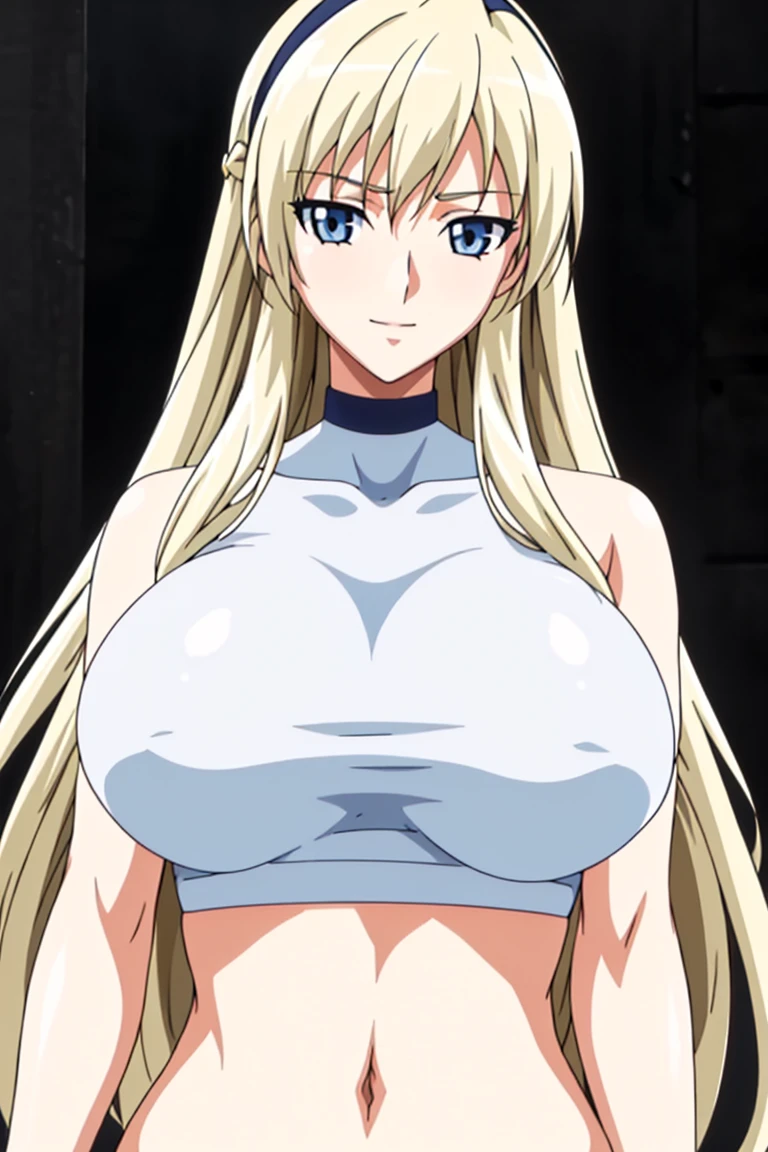 Simple White Background,Standing, at attention,
navel,halterneck,crop top,bare shoulders,
bangs,blonde hair,hair between eyes, hairband, long hair,Blue_Eyes,
1 girl, 20yo,Young female,Beautiful Finger,Beautiful long legs,Beautiful body,Beautiful Nose,Beautiful character design, perfect eyes, perfect face,expressive eyes,perfect balance,
looking at viewer,(Focus on her face),closed mouth, (innocent_big_eyes:1.0),Light_Smile,
official art,extremely detailed CG unity 8k wallpaper, perfect lighting,Colorful, Bright_Front_face_Lighting,shiny skin,
(masterpiece:1.0),(best_quality:1.0), ultra high res,4K,ultra-detailed,
photography, 8K, HDR, highres, absurdres:1.2, Kodak portra 400, film grain, blurry background, bokeh:1.2, lens flare, (vibrant_color:1.2),professional photograph,
(Beautiful,large_Breasts:1.4), (beautiful_face:1.5),(narrow_waist),