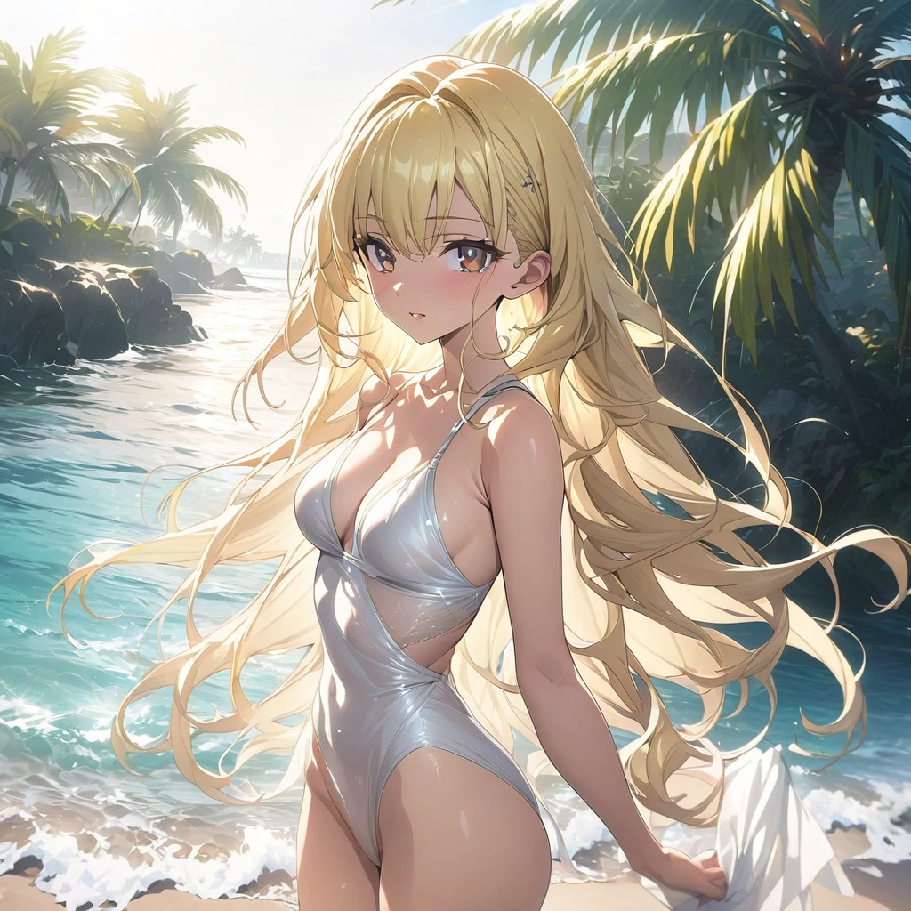 masterpiece, Rich colors, 最high quality, detailed, High resolution, 超high quality, High detail, , high quality, detailed, Skinny sexy girl on the beach , Bright lighting , Brown eyes, anime, Palm tree, Bright lighting, blonde,