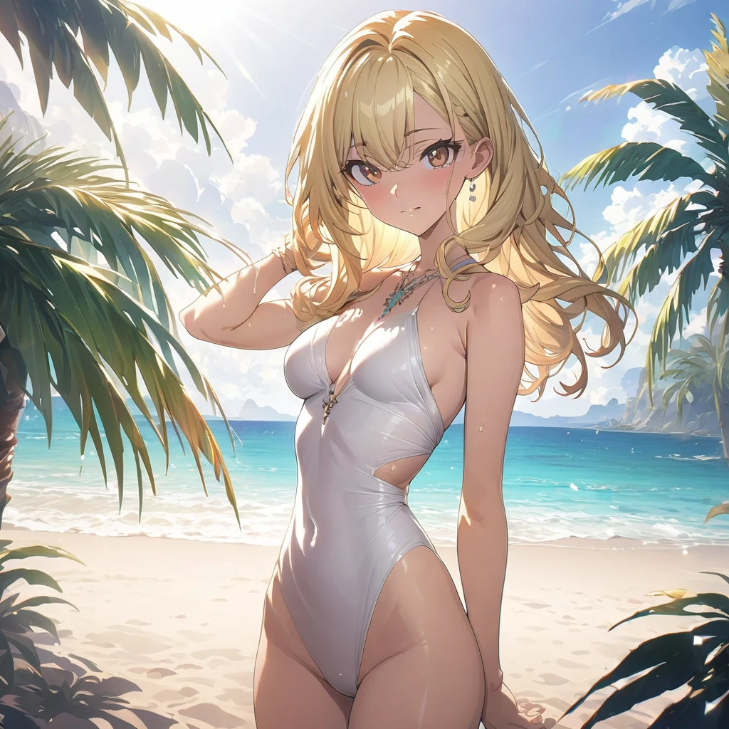 masterpiece, Rich colors, 最high quality, detailed, High resolution, 超high quality, High detail, , high quality, detailed, Skinny sexy girl on the beach , Bright lighting , Brown eyes, anime, Palm tree, Bright lighting, blonde,