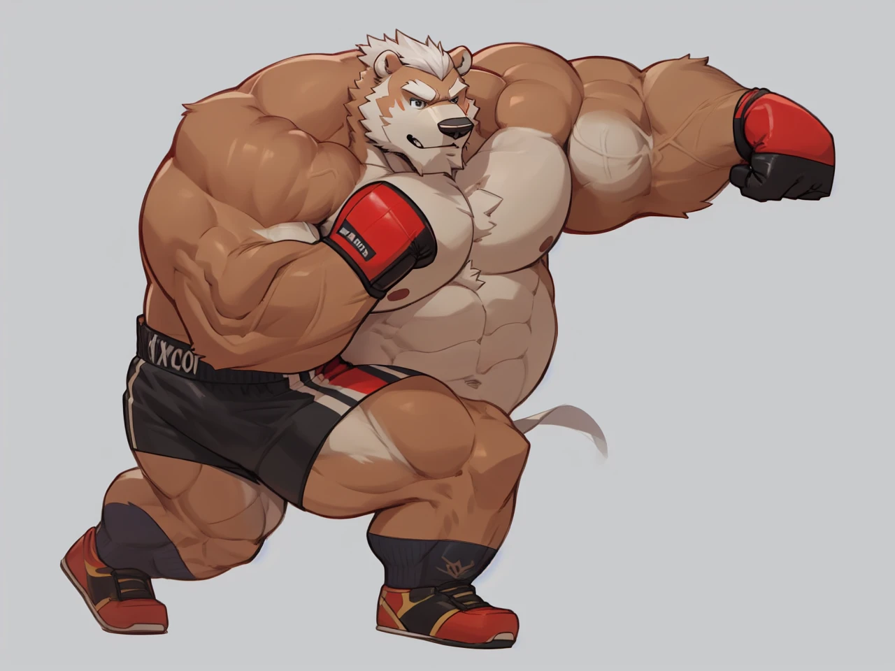 solo, 1boy, Huge Muscular White Polar Bear wearing glasses, huge white fur, pectoral, huge pectoral, wide pectoral, short white hair, blue colored boxing kickboxing shorts, blue colored kickboxing gloves and shirtless and topless, white bearded, white Mustache, white fur, simple background, masterpiece, high detailed, 8k, high resolution, at the gym, flexes huge body muscles