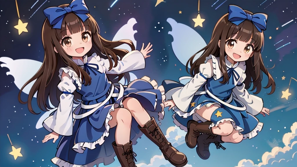 One girl , star sapphire, alone,(Blue clothes:1.1), (star dress:1.1),star \(symbol\),Brown eyes, smile,fairy wing, wing,  Brown Hair , Open your mouth, whole body,boots,