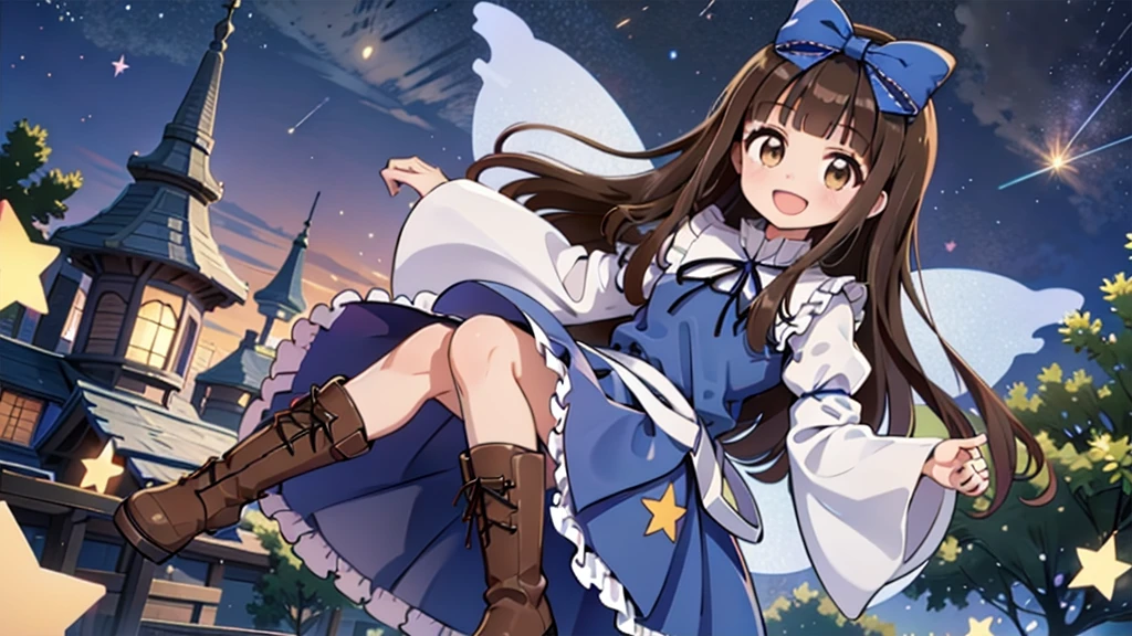 One girl , star sapphire, alone,(Blue clothes:1.1), (star dress:1.1),star \(symbol\),Brown eyes, smile,fairy wing, wing,  Brown Hair , Open your mouth, whole body,boots,