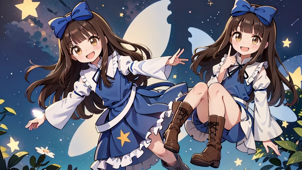 One girl , star sapphire, alone,(Blue clothes:1.1), (star dress:1.1),star \(symbol\),Brown eyes, smile,fairy wing, wing,  Brown Hair , Open your mouth, whole body,boots,