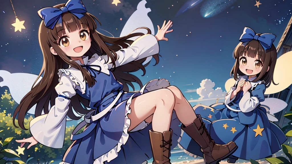 One girl , star sapphire, alone,(Blue clothes:1.1), (star dress:1.1),star \(symbol\),Brown eyes, smile,fairy wing, wing,  Brown Hair , Open your mouth, whole body,boots,