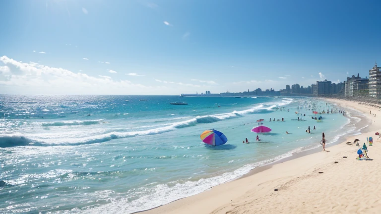 A group of cheerful children are playing on a sunny beach. They are building a large sandcastle with buckets and shovels, creating tall towers and deep moats. The ocean waves are gently crashing nearby, and some children are collecting colorful seashells along the shore. In the background, there are families relaxing under beach umbrellas and flying kites in the clear blue sky. The children are laughing and having fun, their faces lit up with joy and excitement.