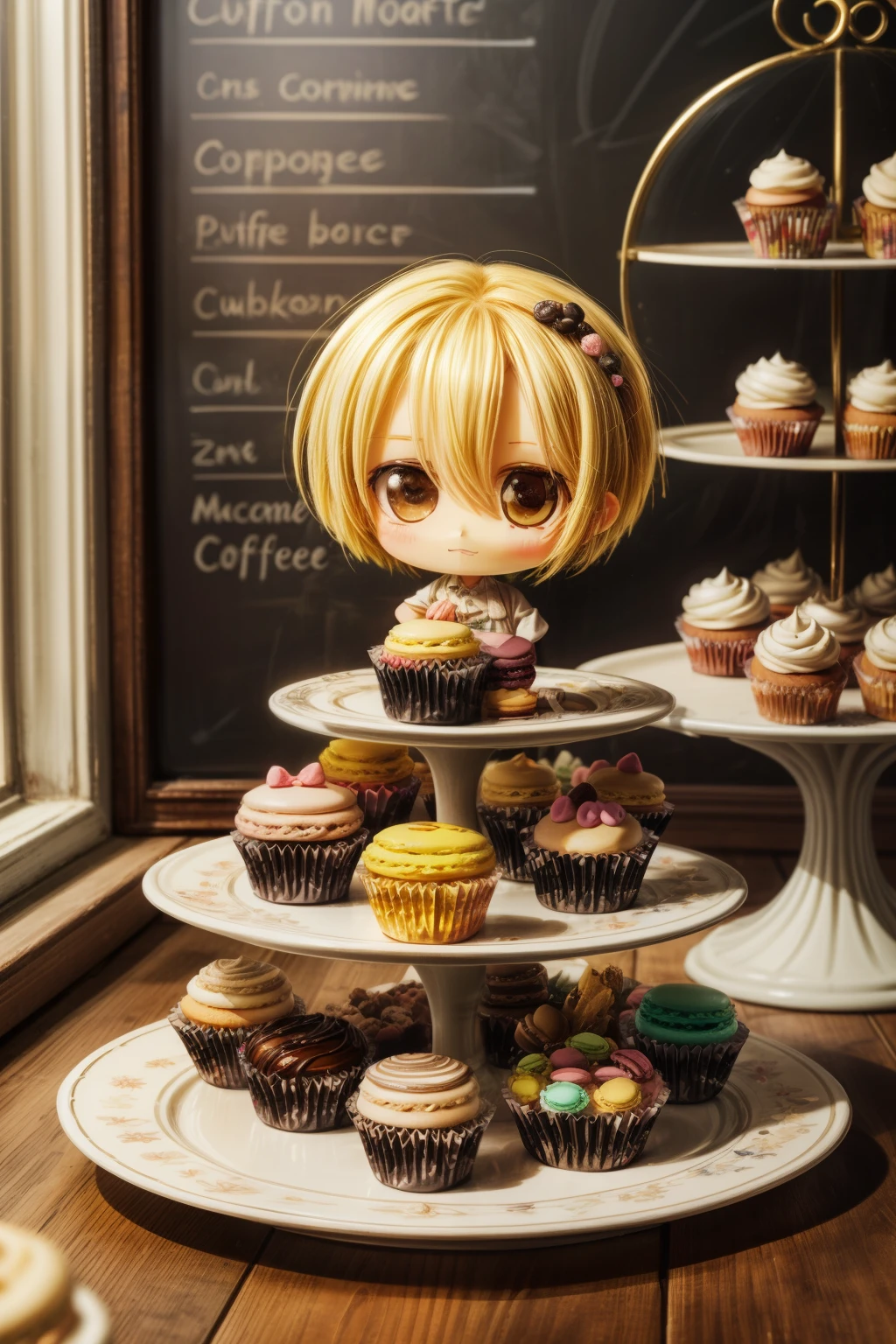 masterpiece, highly detailed, (chibi:1.3), , (1girl), blonde hair, pastel colors, cozy atmosphere, dessert display case, macarons, cupcakes, tarts, cakes, coffee machine, chalkboard menu, natural lighting, glass jars filled with candy, frosted window panes, decorative plates, whimsical decor,