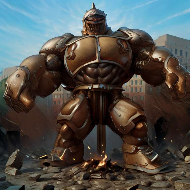 SOLO (masterpiece. official art. 8k. best quality. detailed full body. full body.)

(situation 1 : dominating Armored Flazzard. Armored Flazzard is over 1000 meters long. focus GIANT mechanical Muscular Armored Flazzard is trampling the city. Looking down. macro. stomp. Low-angle perspective. emphasizing the immense size.)

(situation 2 :smoke and flames rising from the destruction in the city)

(Additional details 1: real texture material. whole body shines like metal. emphasizes the muscles. suit fully made of metal.).

(Additional details 2: Detailed head. Detailed Body. Detailed abs. gigantic muscles. HYPER MUSCLES. Gigachad Muscular. big muscle. pecs. triceps. traps. unusually developed muscular body. body full of huge muscles. showing off muscles. pectorales enormes. Exaggeratedly huge muscles. huge muscles. long legs.).
his back he wears a golden cloak.