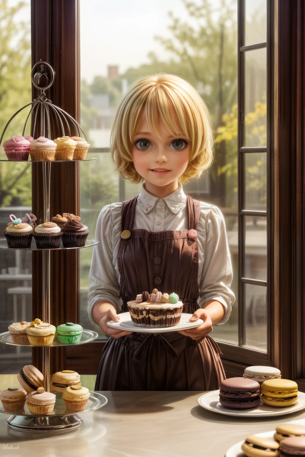 masterpiece, highly detailed, (chibi:1.3), , (1girl), blonde hair, pastel colors, cozy atmosphere, dessert display case, macarons, cupcakes, tarts, cakes, coffee machine, chalkboard menu, natural lighting, glass jars filled with candy, frosted window panes, decorative plates, whimsical decor, 
