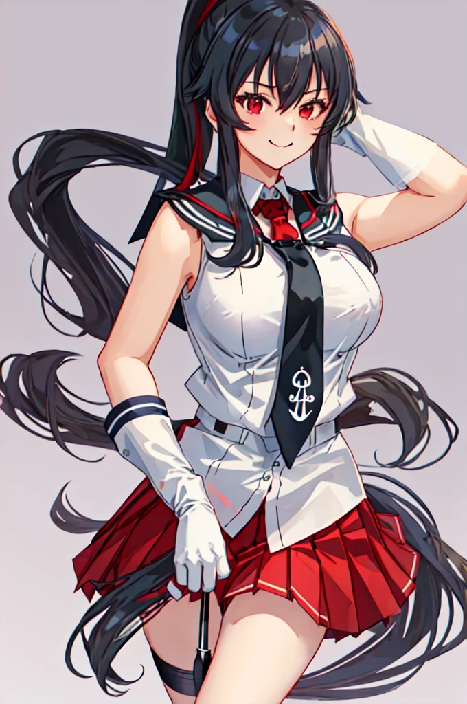 best quality, masterpiece, highres, solo, {yahagi_kantaicollection:1.15}, long_hair, black_hair, ponytail, red_eyes, sidelocks, breasts, hair_between_eyes, large_breasts, 1girl, anchor_symbol, gloves, looking_at_viewer, pleated_skirt, red_skirt, sailor_collar, school_uniform, serafuku, shirt, skirt, sleeveless, sleeveless_shirt, smile, white_gloves, black_sailor_collar, necktie