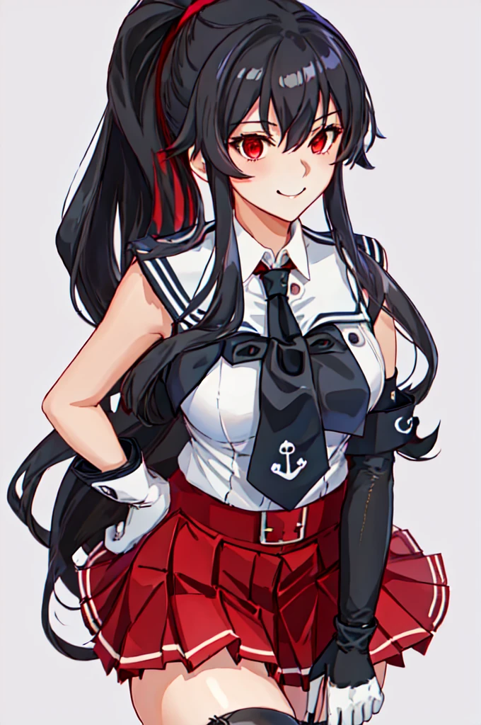 best quality, masterpiece, highres, solo, {yahagi_kantaicollection:1.15}, long_hair, black_hair, ponytail, red_eyes, sidelocks, breasts, hair_between_eyes, large_breasts, 1girl, anchor_symbol, gloves, looking_at_viewer, pleated_skirt, red_skirt, sailor_collar, school_uniform, serafuku, shirt, skirt, sleeveless, sleeveless_shirt, smile, white_gloves, black_sailor_collar, necktie