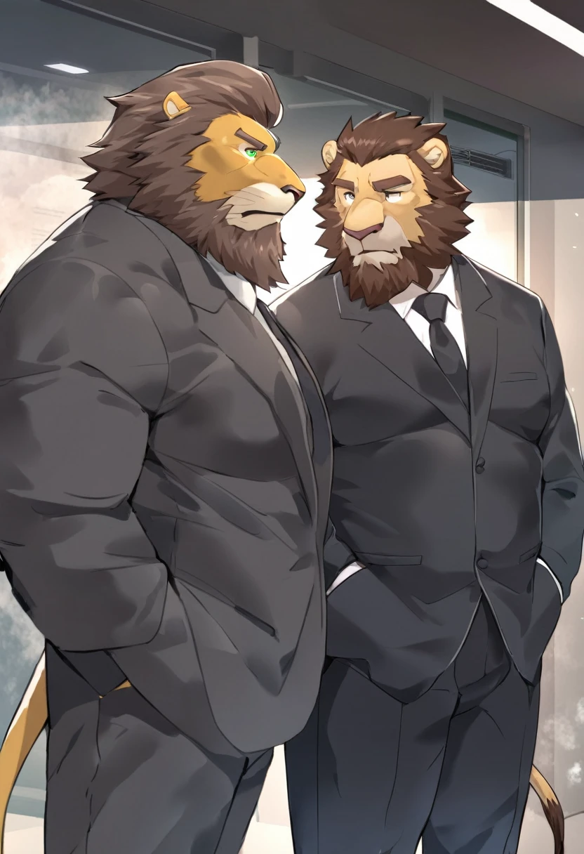 lion,personification,Mature male,Strong Man,Thick beard,Cold expression,Green pupils,Brown eyebrows,Black suit suit,Hands in pockets,The Age of Steam,Hospital Office。