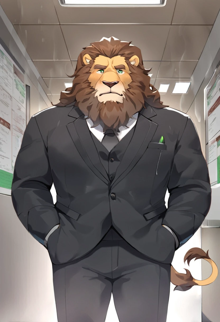 lion,personification,Mature male,Strong Man,Thick beard,Cold expression,Green pupils,Brown eyebrows,Black suit suit,Hands in pockets,The Age of Steam,Hospital Office。