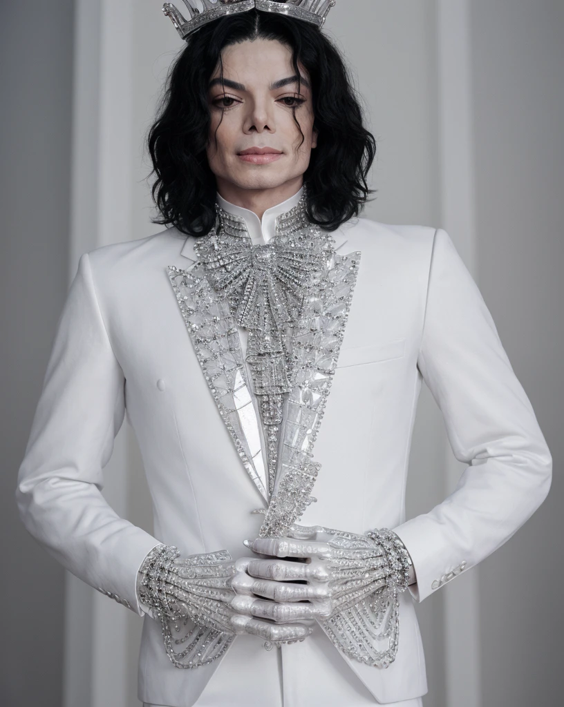 (Michael Jackson wearing a white crystal-encrusted suit),(black hair),(white diamond white crown),(skeleton left hand),(very well detailed)