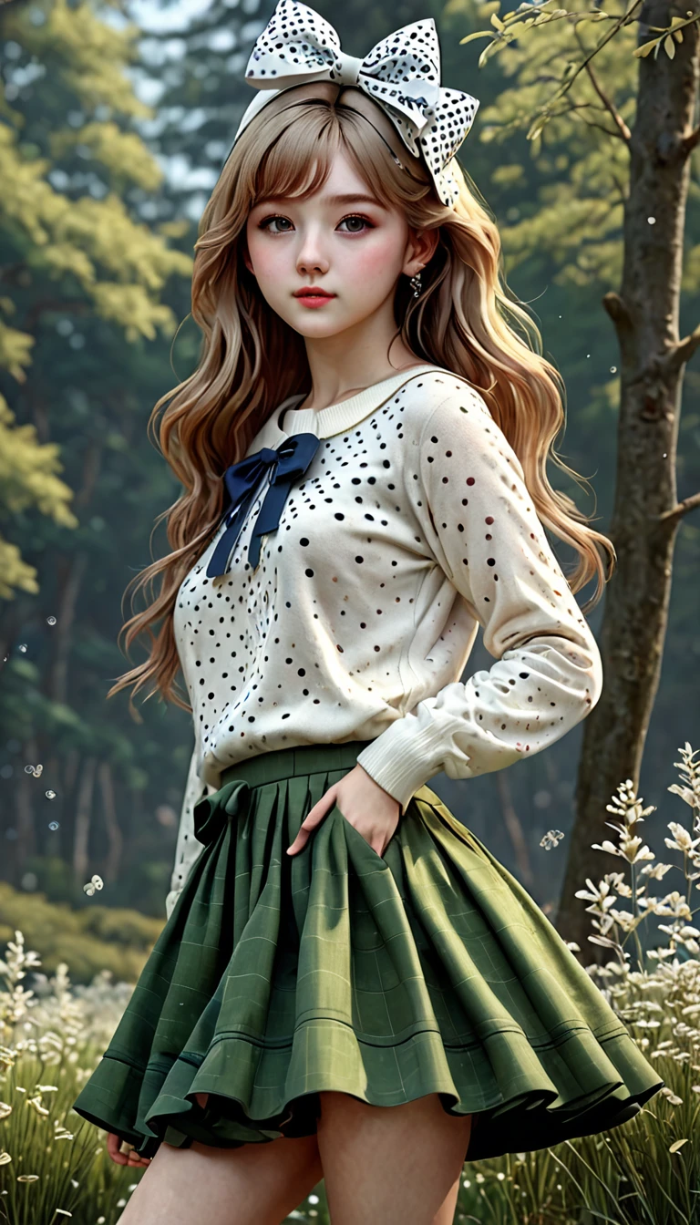 Ultra-realistic CG K ,((premium、8k、32k、Masterpiece、NFFSW:1.3)), (superfine illustration)、(super high resolution), (((adult body))), (Masterpiece, Best Quality:1.2),a beautiful girl,Skin details processing.,The eyes are finely described.,delicate hair,long wavy hair,long light hair,Wear a big bow on your head,black sweater,white dots,Skirt,green,clean background