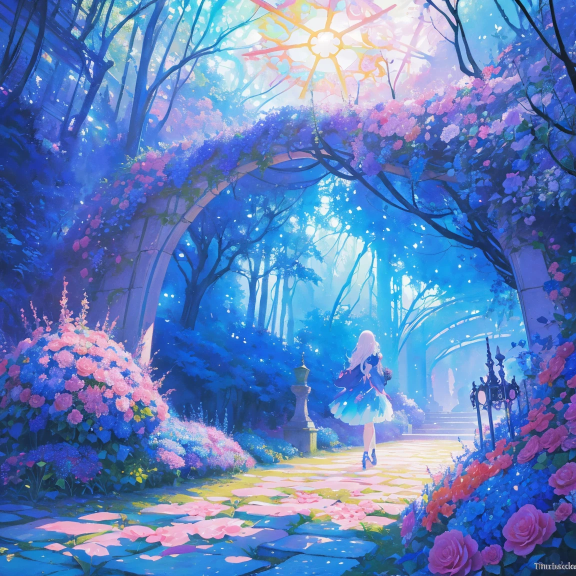 florals ,Colorful flowers ,background are the flowers,Surrounded by flowers,Seamless design,Fantasy Forest, neonlight, Realistic, Glow,Manhwa Style, Paint with vivid watercolors ,extremely detaile, highly detailed, tmasterpiece, Fairy tale background, in wonderland, Dynamic colors, Fairytale glow,