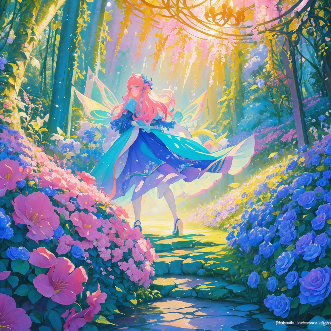 florals ,Colorful flowers ,background are the flowers,Surrounded by flowers,Seamless design,Fantasy Forest, neonlight, Realistic, Glow,Manhwa Style, Paint with vivid watercolors ,extremely detaile, highly detailed, tmasterpiece, Fairy tale background, in wonderland, Dynamic colors, Fairytale glow,