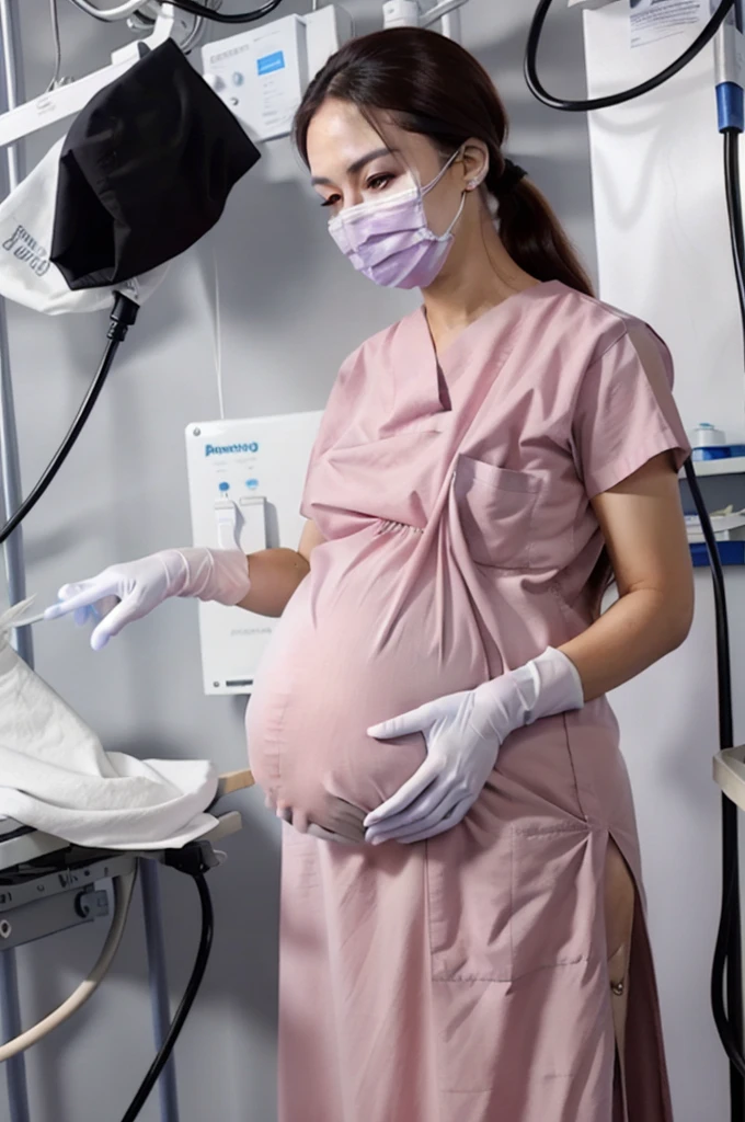 (RAW photo, best quality), operating room, overhead surgical light,blurred background, focused, dithering,backlighting,
surgical_nurse_ppt, 1girl, surgical mask, gloves,cap,long dress, nurse,
(sama1, very long hair,1girl, pregnant,solo),