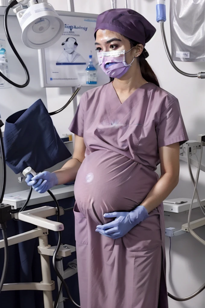 (RAW photo, best quality), operating room, overhead surgical light,blurred background, focused, dithering,backlighting,
 surgical_nurse_ppt, 1girl, surgical mask, gloves,cap,long dress, nurse, 
 (sama1, very long hair,1girl, pregnant,solo),