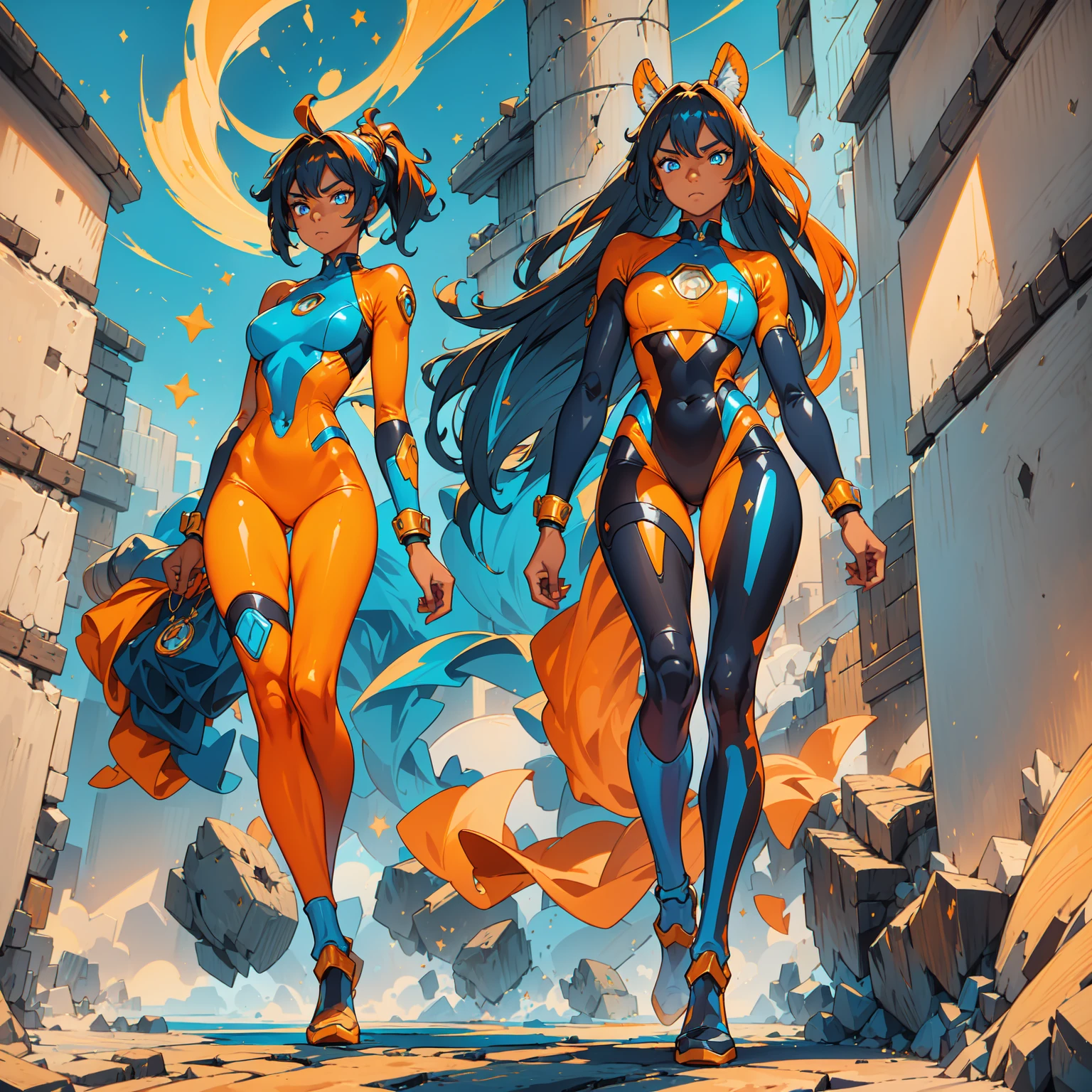 (((one caracter))), female, (((darkskin)))), Black hair with ponytail, clear blue eyes, Round glasses with a small dark lens, this lens being orange, and the Light Blue frame, (((Black metallic gauntlets and greaves with orange and silver highlights)), (((The clothes have a mix of modern and tribal)))), Having mainly black color,  but having orange pieces, Shoulders on display, On the Hip one Shorts extending to Half Thigh in black.