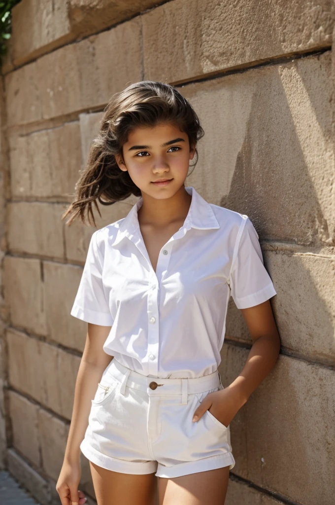  in short shorts and white blouse