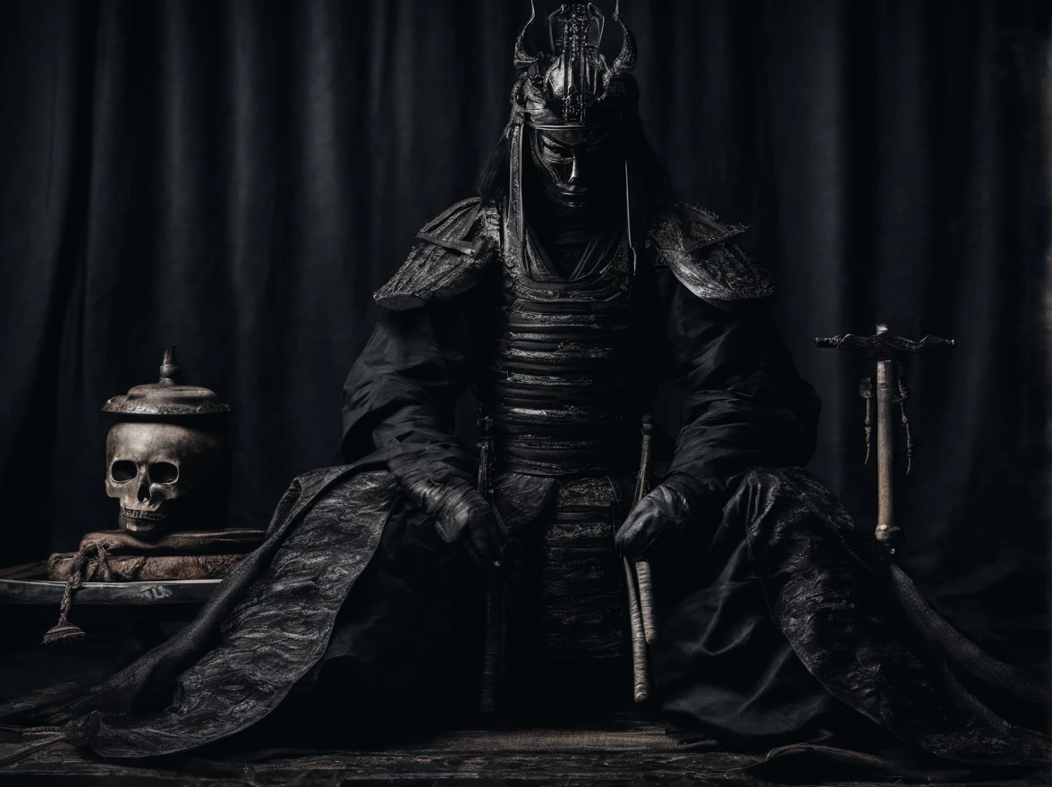 Samurai in a black samurai mask from the Sengoku period meditates on his lap(​masterpiece) (8K High definition) (Top quality) (Ultra-Definition) (Spirit photo) (dark background)