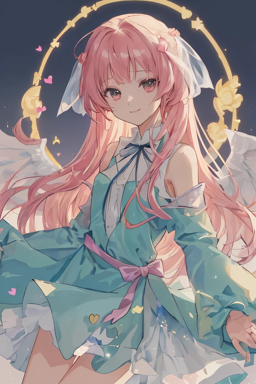 1_girl, (anime, kawai:2), (masterpeice, best_quality, simple, cute, dreamy, vibrant, clean:1.5), (cute, cute_smile, young:1.8), (delicate, beautiful, thin:1.5), (girlfriend, angel:1.6), (green_eyes, simple_eyes:1.5) (long_hair, blond_hair, wearing_pink_dress, pink_angel_wings, sexy_gloves:1.5), extremely_delicate, (love_magic:1.5), (age_size_fits_body), (small_thighs:1.3), (breasts), (eye_level:1.3), (heart_magic, love:1.5),