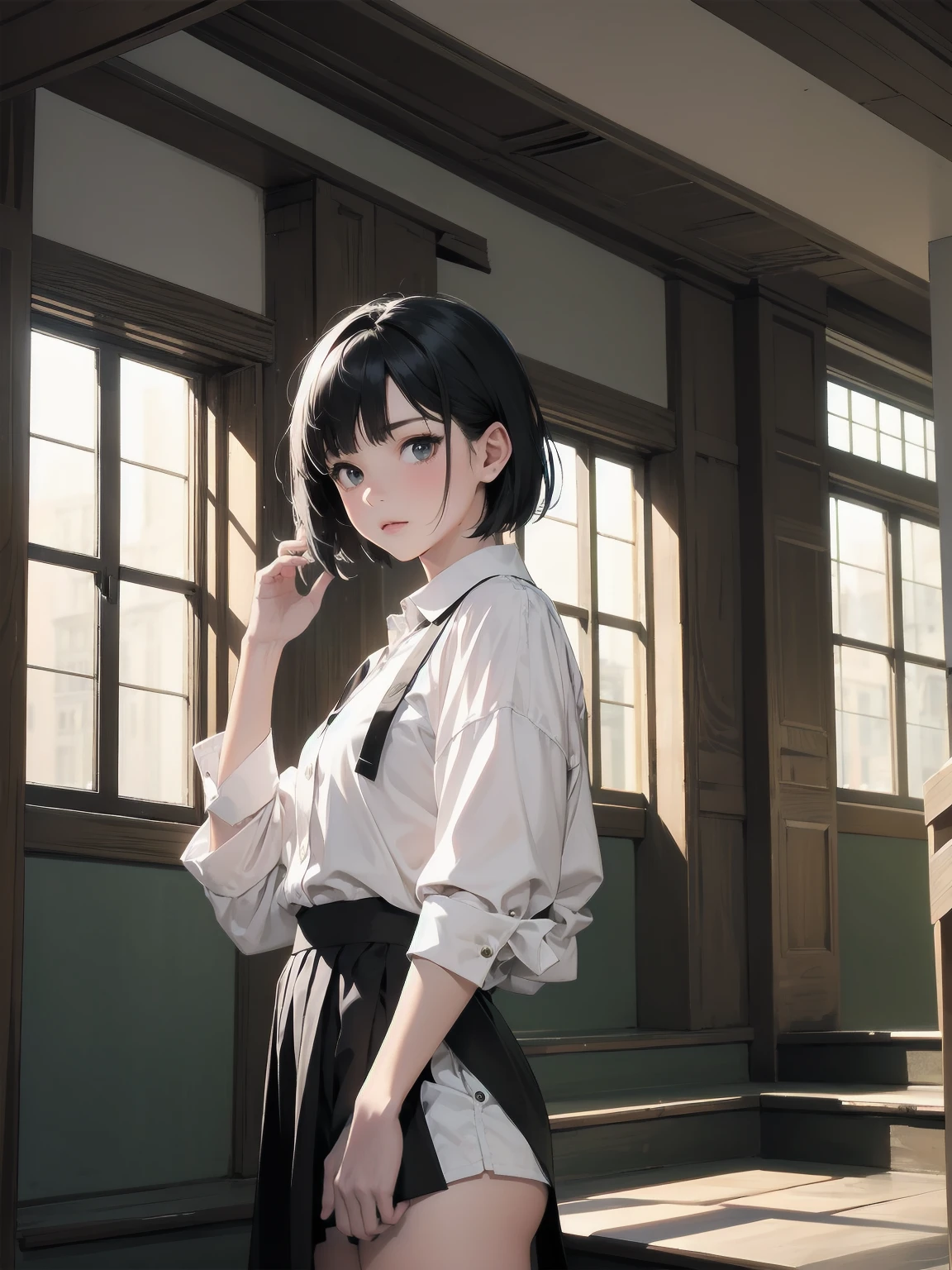 masterpiece, best quality, ultra-detailed, illustration,
1girl, , black hair, skirt , short hair, white shirt,
kaidan, stairs, scenery, window, ダイナミックアングル、ダイナミックポーズ