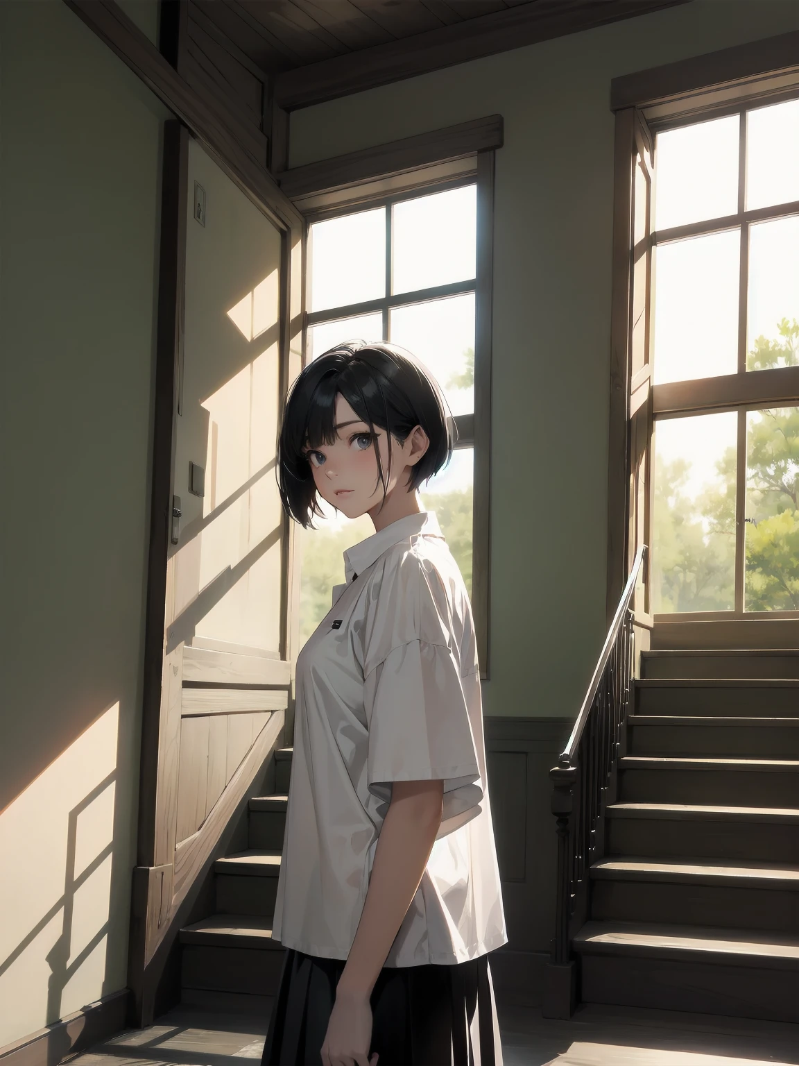 masterpiece, best quality, ultra-detailed, illustration,
1girl, , black hair, skirt , short hair, white shirt,
kaidan, stairs, scenery, window, ダイナミックアングル、ダイナミックポーズ
