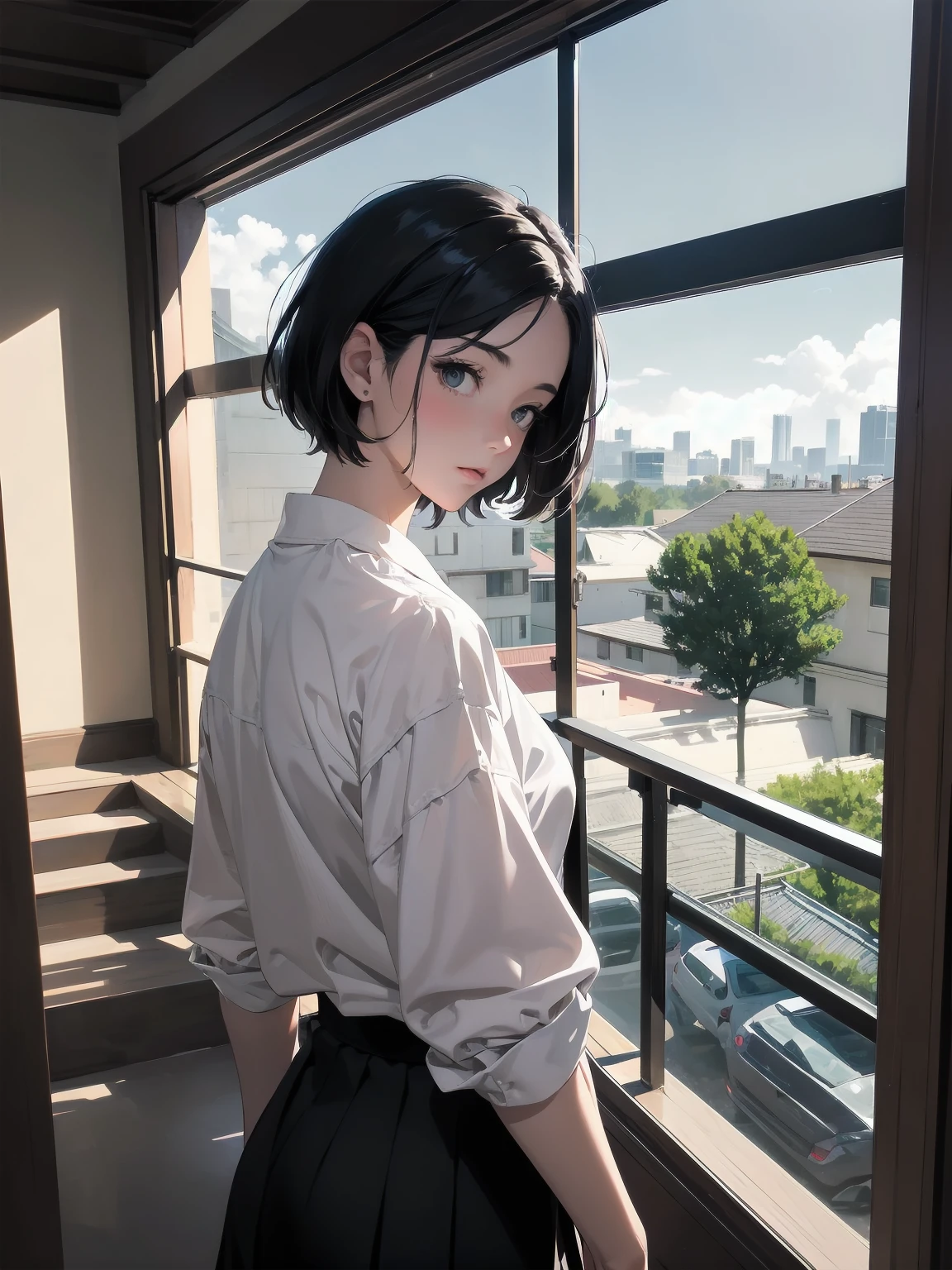 masterpiece, best quality, ultra-detailed, illustration,
1girl, , black hair, skirt , short hair, white shirt,
kaidan, stairs, scenery, window, ダイナミックアングル、ダイナミックポーズ