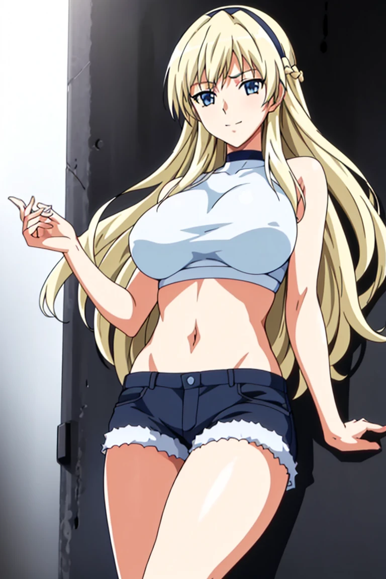 Simple White Background, at attention,
navel,halterneck,crop top,bare shoulders,
bangs,blonde hair,hair between eyes, hairband, long hair,Blue_Eyes,
1 girl, 20yo,Young female,Beautiful Finger,Beautiful long legs,Beautiful body,Beautiful Nose,Beautiful character design, perfect eyes, perfect face,expressive eyes,perfect balance,
looking at viewer,(Focus on her face),closed mouth, (innocent_big_eyes:1.0),Light_Smile,
official art,extremely detailed CG unity 8k wallpaper, perfect lighting,Colorful, Bright_Front_face_Lighting,shiny skin,
(masterpiece:1.0),(best_quality:1.0), ultra high res,4K,ultra-detailed,
photography, 8K, HDR, highres, absurdres:1.2, Kodak portra 400, film grain, blurry background, bokeh:1.2, lens flare, (vibrant_color:1.2),professional photograph,
(Beautiful,large_Breasts:1.4), (beautiful_face:1.5),(narrow_waist), shorts, thongs