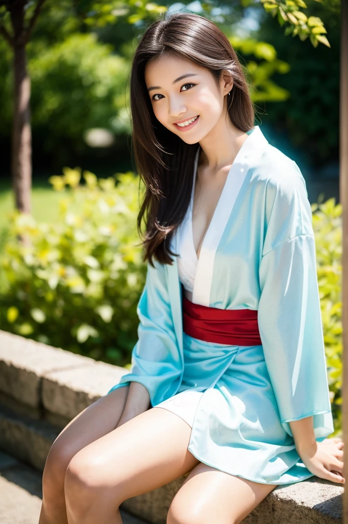 Pure Japanese yukata girl, wearing traditional yukata, natural hair styles, pure smile, refreshing in early summer morning sunlight, feeling soft breeze in hair, sitting and relaxing, little bit sexy mood, professional portrait photography, film photography, 35mm negative film, 