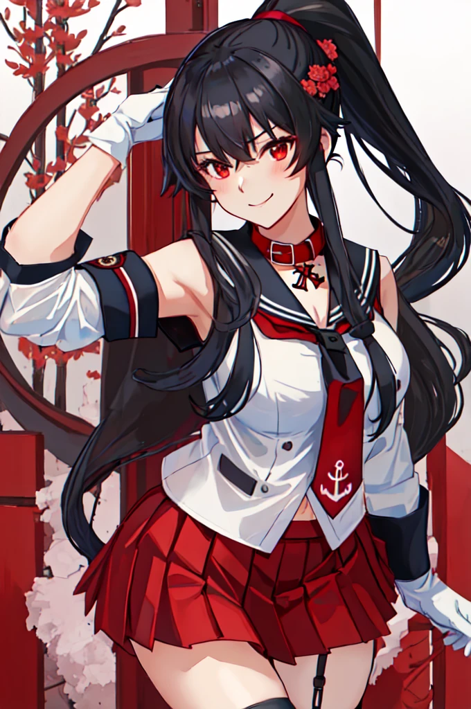 best quality, masterpiece, highres, solo, {yahagi_kantaicollection:1.15}, long_hair, black_hair, ponytail, red_eyes, sidelocks, breasts, hair_between_eyes, large_breasts, 1girl, anchor_symbol, gloves, looking_at_viewer, pleated_skirt, red_skirt, sailor_collar, school_uniform, serafuku, shirt, skirt, sleeveless, sleeveless_shirt, smile, white_gloves, black_sailor_collar, necktie