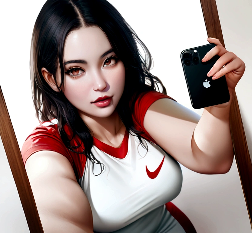 woman, mile , Wearing Nike gym wear and holding an iPhone 14 Pro Max,  (iPhone Mirror Selfie) Taking a selfie in front of a mirror with his right hand,  chest, Highest consistency,  Black Hair, ((good)) 8K, Highest quality, masterpiece, Realistic, Super detailed, photo Realistic, Improvement of quality, Jagged Edges, navy, Natural Beauty, [:(Detailed face:1.2):0.2] Natural light