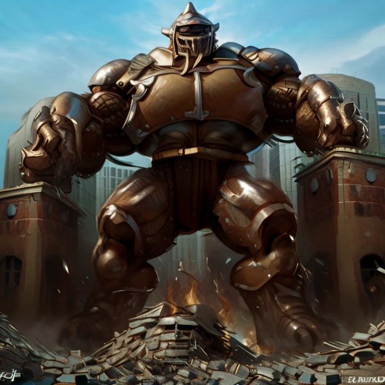 SOLO (masterpiece. official art. 8k. best quality. detailed full body. full body.)

(situation 1 : dominating Armored Flazzard. Armored Flazzard is over 1000 meters long. focus GIANT mechanical Muscular Armored Flazzard is trampling the city. Looking down. macro. stomp. Low-angle perspective. emphasizing the immense size.)

(situation 2 :smoke and flames rising from the destruction in the city)

(Additional details 1: real texture material. whole body shines like metal. emphasizes the muscles. suit fully made of metal.).

(Additional details 2: Detailed head. Detailed Body. Detailed abs. gigantic muscles. HYPER MUSCLES. Gigachad Muscular. big muscle. pecs. triceps. traps. unusually developed muscular body. body full of huge muscles. showing off muscles. pectorales enormes. Exaggeratedly huge muscles. huge muscles. long legs.).
his back he wears a golden cloak.