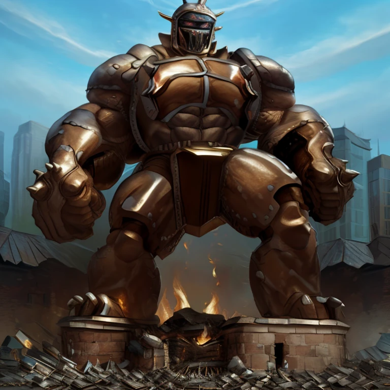 SOLO (masterpiece. official art. 8k. best quality. detailed full body. full body.)

(situation 1 : dominating Armored Flazzard. Armored Flazzard is over 1000 meters long. focus GIANT mechanical Muscular Armored Flazzard is trampling the city. Looking down. macro. stomp. Low-angle perspective. emphasizing the immense size.)

(situation 2 :smoke and flames rising from the destruction in the city)

(Additional details 1: real texture material. whole body shines like metal. emphasizes the muscles. suit fully made of metal.).

(Additional details 2: Detailed head. Detailed Body. Detailed abs. gigantic muscles. HYPER MUSCLES. Gigachad Muscular. big muscle. pecs. triceps. traps. unusually developed muscular body. body full of huge muscles. showing off muscles. pectorales enormes. Exaggeratedly huge muscles. huge muscles. long legs.).
his back he wears a golden cloak.