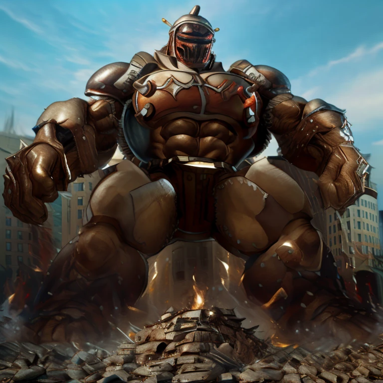 SOLO (masterpiece. official art. 8k. best quality. detailed full body. full body.)

(situation 1 : dominating Armored Flazzard. Armored Flazzard is over 1000 meters long. focus GIANT mechanical Muscular Armored Flazzard is trampling the city. Looking down. macro. stomp. Low-angle perspective. emphasizing the immense size.)

(situation 2 :smoke and flames rising from the destruction in the city)

(Additional details 1: real texture material. whole body shines like metal. emphasizes the muscles. suit fully made of metal.).

(Additional details 2: Detailed head. Detailed Body. Detailed abs. gigantic muscles. HYPER MUSCLES. Gigachad Muscular. big muscle. pecs. triceps. traps. unusually developed muscular body. body full of huge muscles. showing off muscles. pectorales enormes. Exaggeratedly huge muscles. huge muscles. long legs.).
his back he wears a golden cloak.