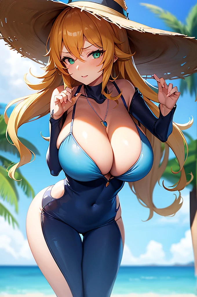 a cartoon picture of a woman with a sun hat and a blue heart necklace, oppai, big breasts!, biomechanical oppai, big breasts!!, cleavage, nami, (sfw) safe for work, sfw version, sfw huge breasts, with a large breasts, with large breasts, nami one piece, big breasts. Green eyes, blonde hair, on a beach