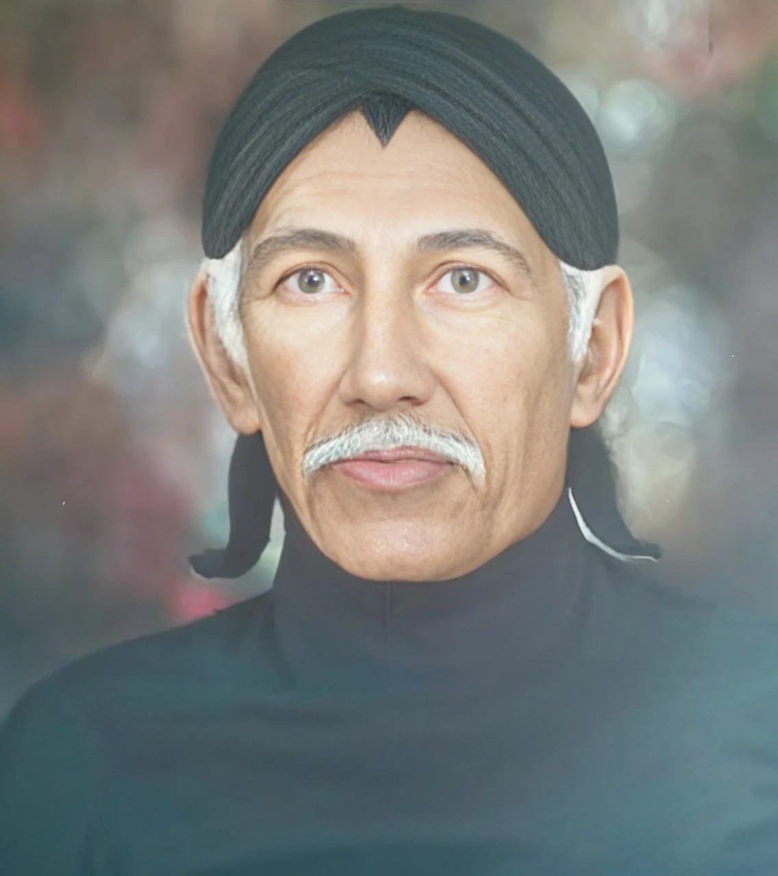 Indonesian Muslim man, wearing a dark colored blangkon and clothes, Javanese nuances, wrinkled brown skin, aged 45 years or over, gray hair and mustache, natural black eyes, slightly slanted eyes, sharp nose and thick lower lip. HD realistic images