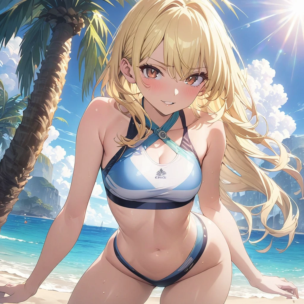 masterpiece, Rich colors, 最high quality, detailed, High resolution, 超high quality, High detail, , high quality, detailed, Skinny sexy girl on the beach , Bright lighting , Brown eyes, anime, Palm tree, Bright lighting, blonde,