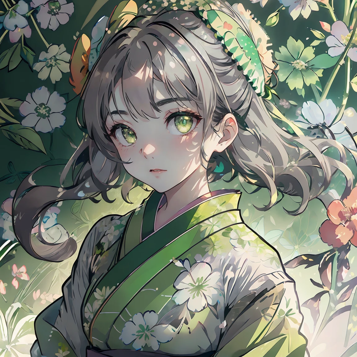 watercolor paiting、(((green floral background:1.3)))、Best Quality, masutepiece, High resolution, (((1girl in))), sixteen years old,(((Eyes are gray:1.3)))、black hair,green kimono,((beautiful green kimono)), Tindall Effect, Realistic, Shadow Studio,Ultramarine Lighting, dual-tone lighting, (High Detail Skins: 1.2)、Pale colored lighting、Dark lighting、 Digital SLR, Photo, High resolution, 4K, 8K, Background blur,Fade out beautifully、green flower world white background