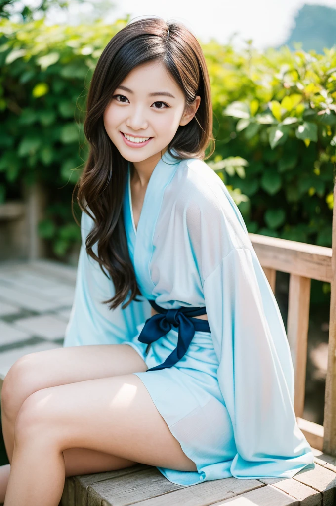 Pure Japanese yukata girl, wearing traditional yukata, natural hair styles, pure smile, refreshing in early summer morning sunlight, feeling soft breeze in hair, sitting and relaxing, little bit sexy mood, professional portrait photography, film photography, 35mm negative film,