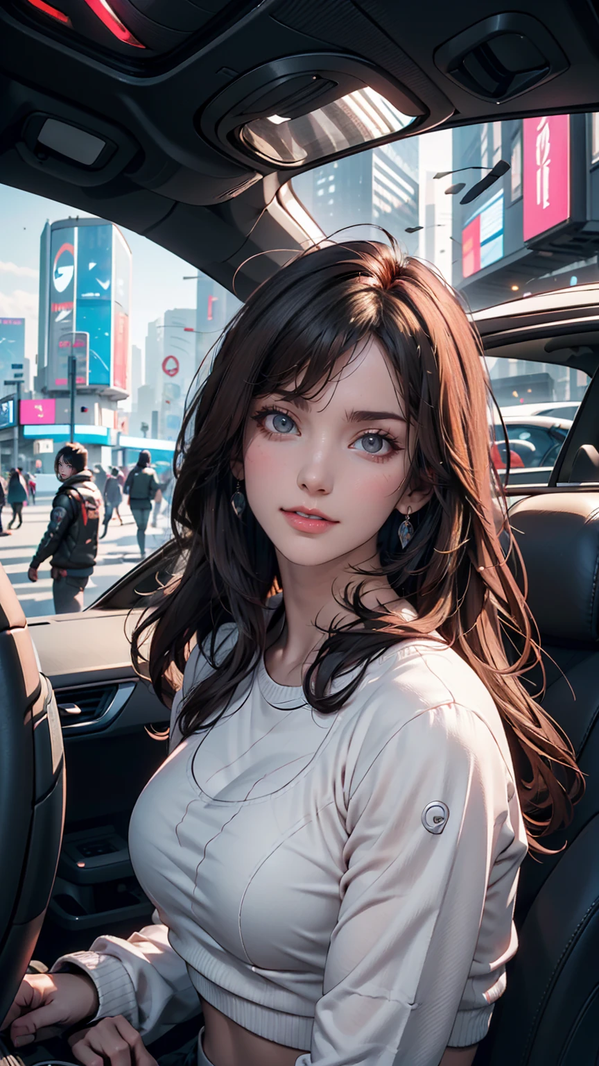 High angle photo of gorgeous young woman in cyberpunk style, Realistic skin texture, look up,Pink sweatshirt,Posing in a car, 1 / 2. Body Crop, 8 5mm Art Lens, 1 1. 2, Sharp focus, 8K high resolution, Very detailed, Complex, elegant, Art by Stanley Lau and Cyberpunk