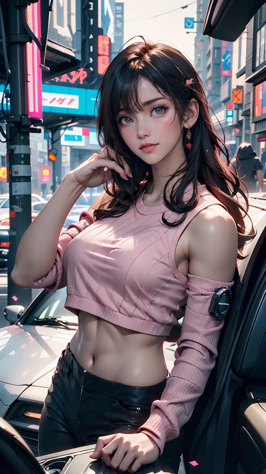 High angle photo of gorgeous young woman in cyberpunk style, Realistic skin texture, look up,Pink sweatshirt,Posing in a car, 1 / 2. Body Crop, 8 5mm Art Lens, 1 1. 2, Sharp focus, 8K high resolution, Very detailed, Complex, elegant, Art by Stanley Lau and Cyberpunk