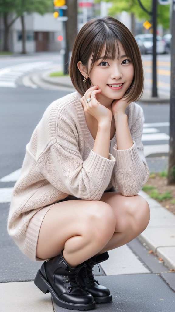Photo taken by a professional photographer,laughter:1.5,Close-up of a woman squatting on the sidewalk, wearing a sweater, Short-cut brown hair, hair is disheveled,young and cute girl, Wearing a super super super super super super super mini skirt:1.5,Wear stylish boots,sit on a park bench:1.5,Fancy makeup with red eyeshadow,Beautiful thighs are visible,I can see white panties,looking at the camera,