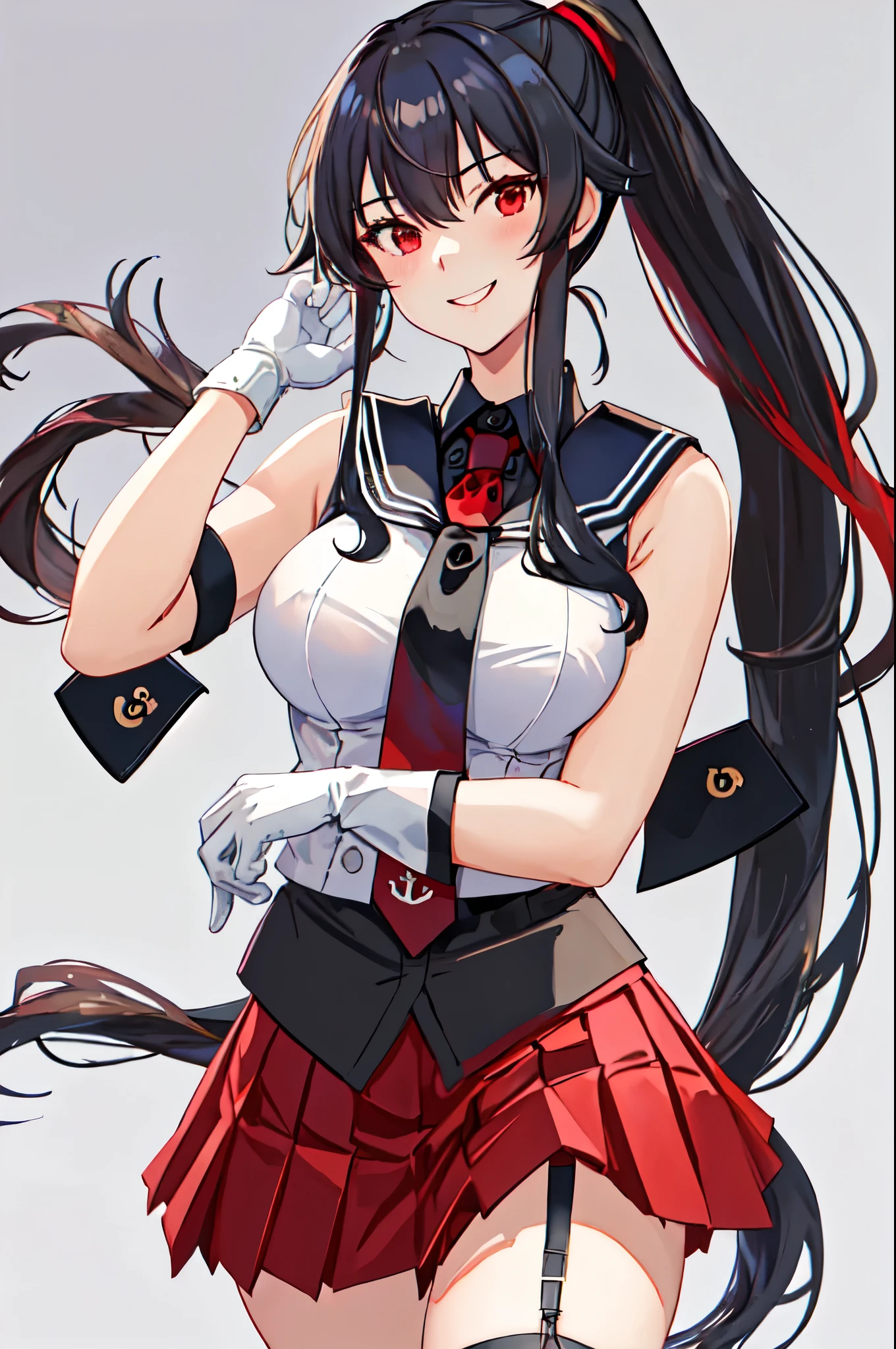 best quality, masterpiece, highres, solo, {yahagi_kantaicollection:1.15}, long_hair, black_hair, ponytail, red_eyes, sidelocks, breasts, hair_between_eyes, large_breasts, 1girl, anchor_symbol, gloves, looking_at_viewer, pleated_skirt, red_skirt, sailor_collar, school_uniform, serafuku, shirt, skirt, sleeveless, sleeveless_shirt, smile, white_gloves, black_sailor_collar, necktie