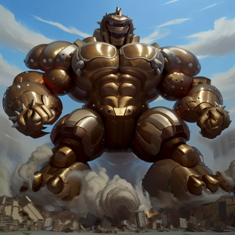 SOLO (masterpiece. official art. 8k. best quality. detailed full body. full body.)
(situation 1 : dominating Armored Flazzard. Armored Flazzard is over 1000 meters long. focus GIANT mechanical Muscular Armored Flazzard is trampling the city. Looking down. macro. stomp. Low-angle perspective. emphasizing the immense size.)
(situation 2 :smoke and flames rising from the destruction in the city)
(Additional details 1: real texture material. whole body shines like metal. emphasizes the muscles. suit fully made of metal.).
(Additional details 2: Detailed head. Detailed Body. Detailed abs. gigantic muscles. HYPER MUSCLES. Gigachad Muscular. big muscle. pecs. triceps. traps. unusually developed muscular body. body full of huge muscles. showing off muscles. pectorales enormes. Exaggeratedly huge muscles. huge muscles. long legs.).
(Additional details 3: Spread wings. It has wings. have big wings. The claws are sharp. Sharp teeth.).