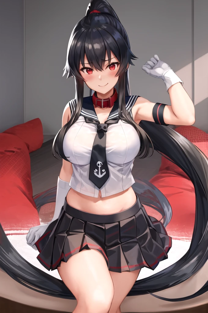 best quality, masterpiece, highres, solo, {yahagi_kantaicollection:1.15}, long_hair, black_hair, ponytail, red_eyes, sidelocks, breasts, hair_between_eyes, large_breasts, 1girl, anchor_symbol, gloves, looking_at_viewer, pleated_skirt, red_skirt, sailor_collar, school_uniform, serafuku, shirt, skirt, sleeveless, sleeveless_shirt, smile, white_gloves, black_sailor_collar, necktie