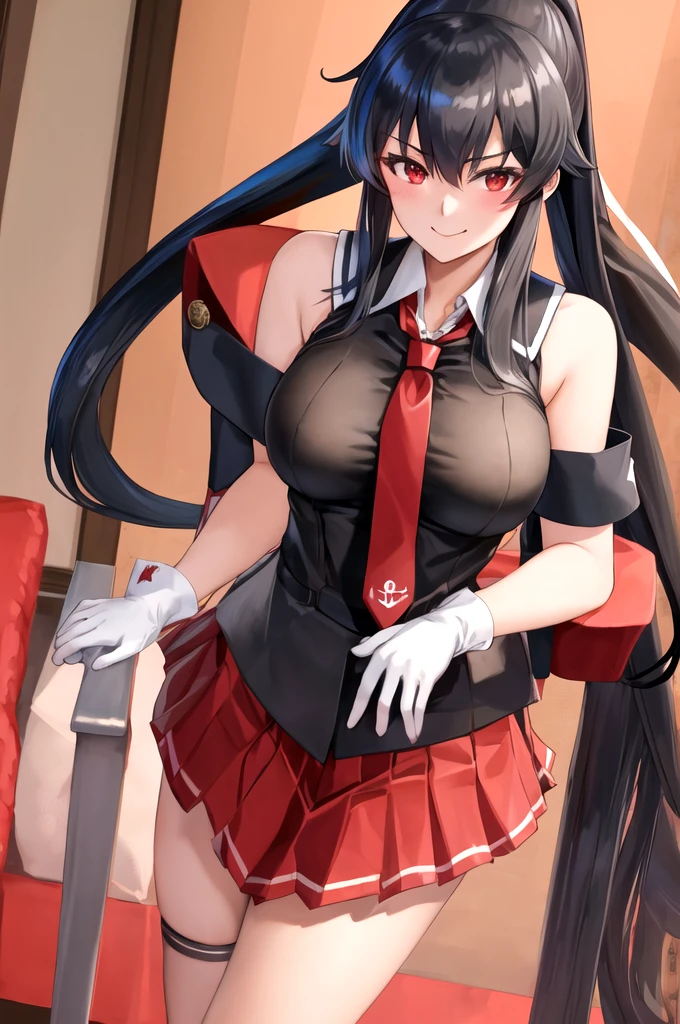 best quality, masterpiece, highres, solo, {yahagi_kantaicollection:1.15}, long_hair, black_hair, ponytail, red_eyes, sidelocks, breasts, hair_between_eyes, large_breasts, 1girl, anchor_symbol, gloves, looking_at_viewer, pleated_skirt, red_skirt, sailor_collar, school_uniform, serafuku, shirt, skirt, sleeveless, sleeveless_shirt, smile, white_gloves, black_sailor_collar, necktie