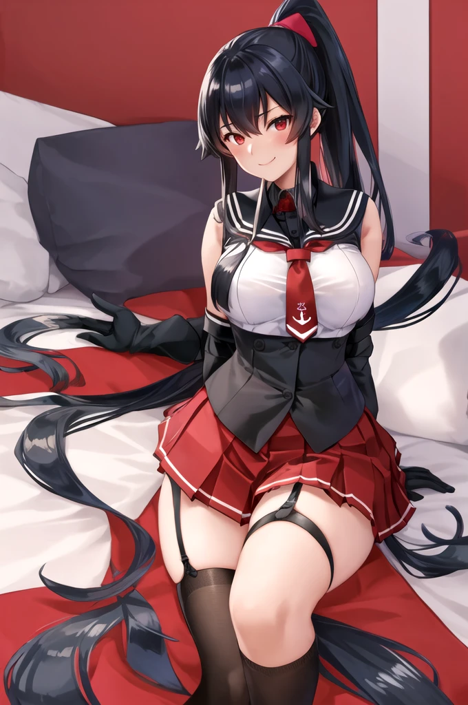 best quality, masterpiece, highres, solo, {yahagi_kantaicollection:1.15}, long_hair, black_hair, ponytail, red_eyes, sidelocks, breasts, hair_between_eyes, large_breasts, 1girl, anchor_symbol, gloves, looking_at_viewer, pleated_skirt, red_skirt, sailor_collar, school_uniform, serafuku, shirt, skirt, sleeveless, sleeveless_shirt, smile, white_gloves, black_sailor_collar, necktie