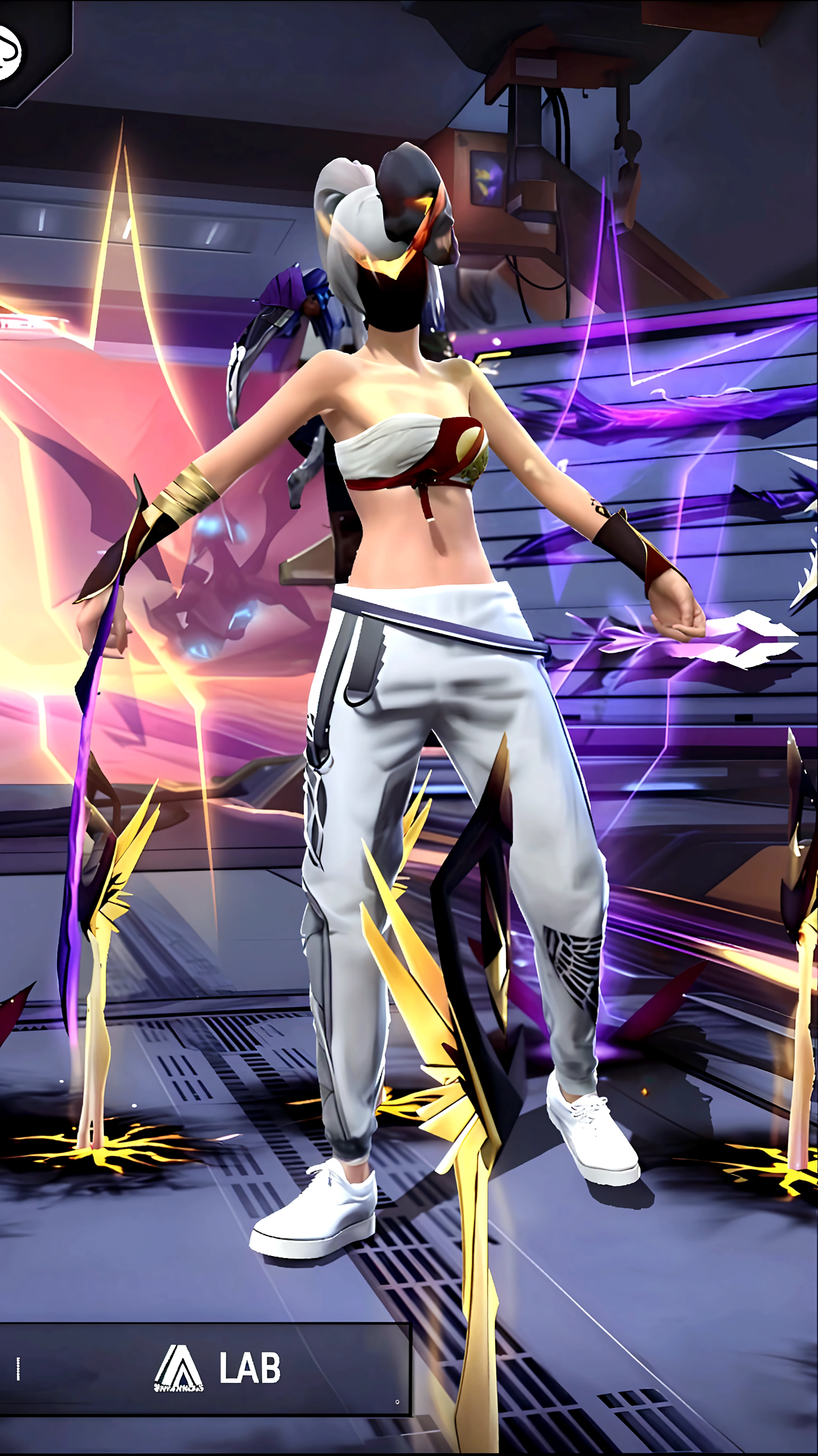The image shows a character in a fighting game, wearing a white tank top and black shorts. The character has a pink scarf wrapped around their neck.